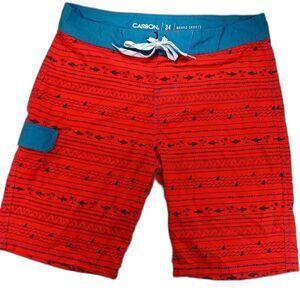 Carbon Men's 34 Tropical Print Board Shorts. Drawstring Tie, Side Pocket Red/Blu
